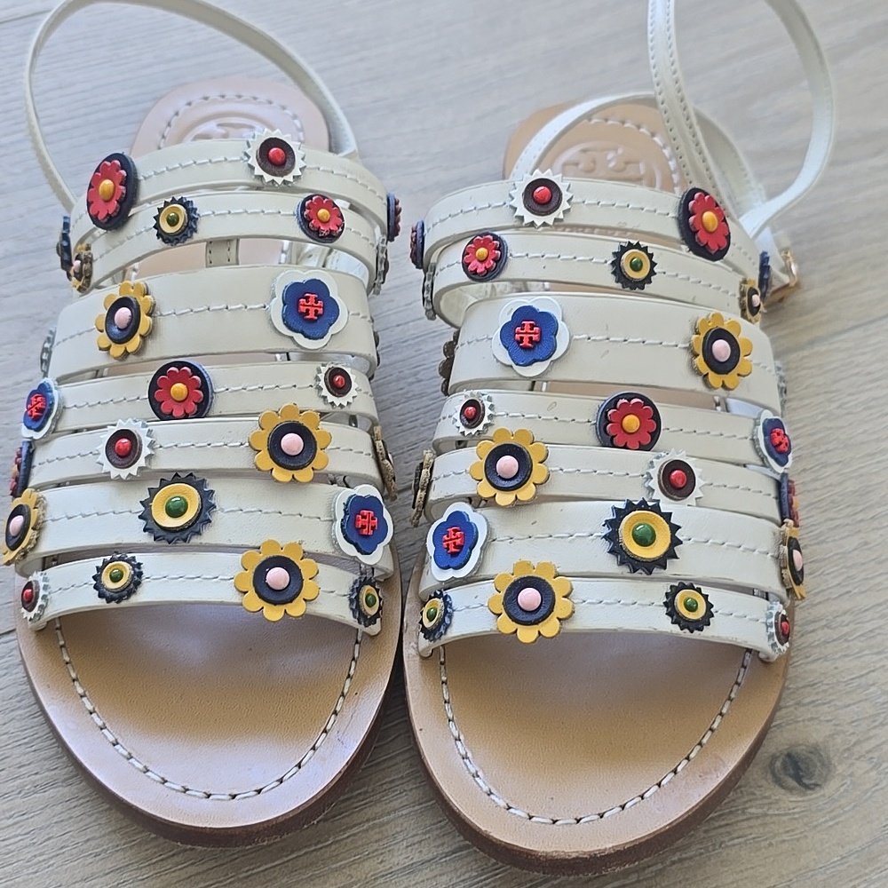 Tory Burch Cream Leather Floral Appliqué Strappy Sandals